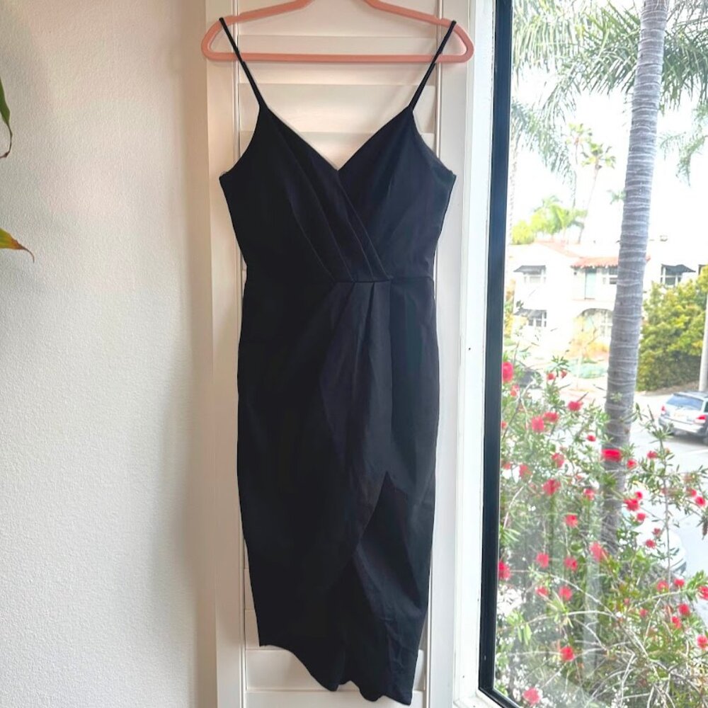 A'GACI Wrap style asymmetrical tulip black dress size L NWT